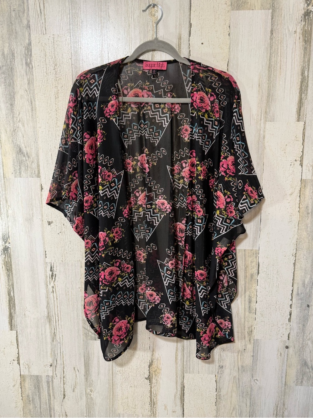 Floral Sheer Kimono Oversized Coverup in Black with Pink Roses - Picture 1 of 7
